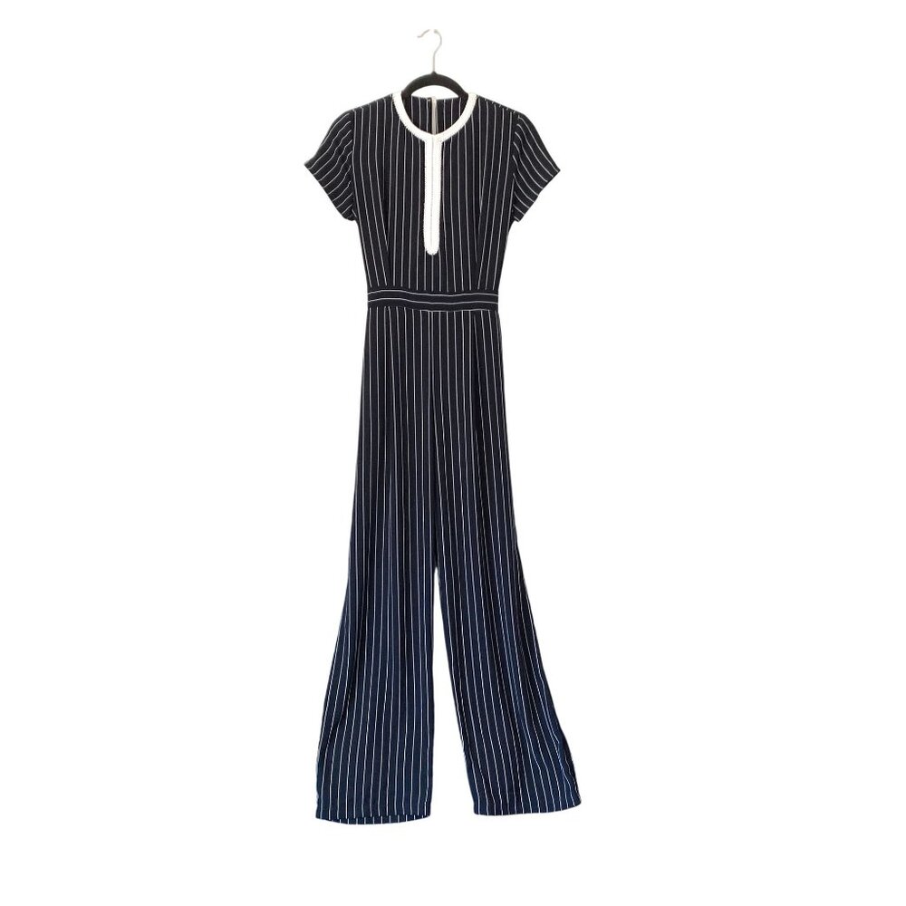 Navy White Pinstripe Short Sleeve Wide Leg Jumpsuit Front Lace Trim Size S